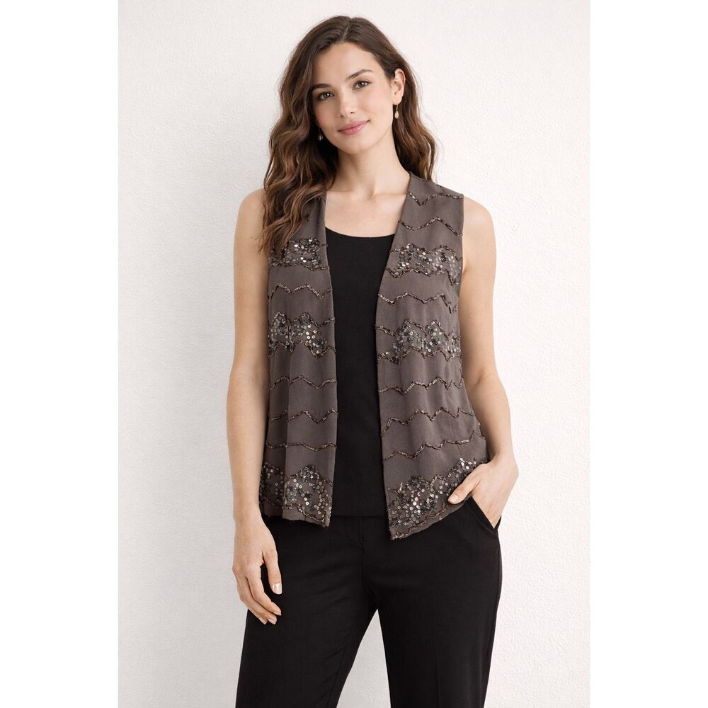 Chico’s Brown Sequin Open Front Vest Size 0 Small NWT
